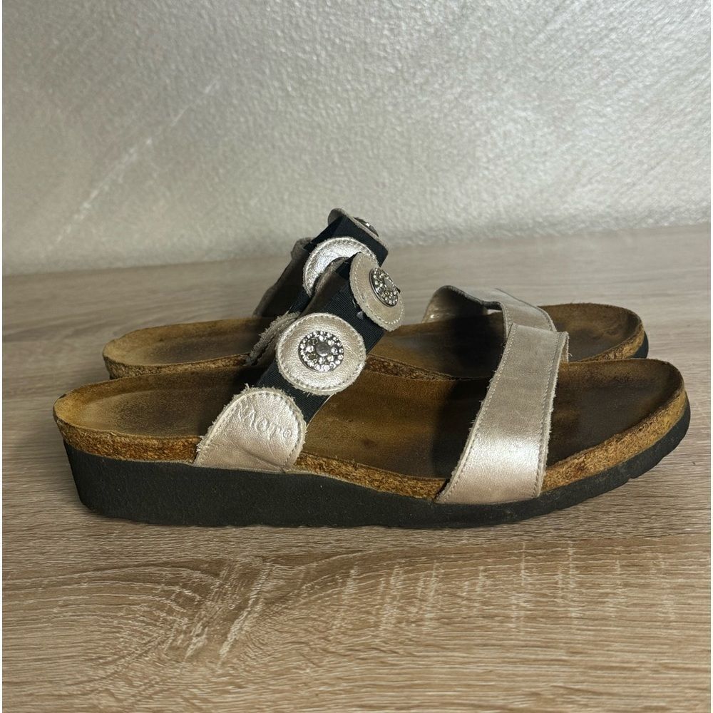 Naot Marissa Sz 7 Rhinestone Ornament Silver Leather Elastic Strap Cork Sandals